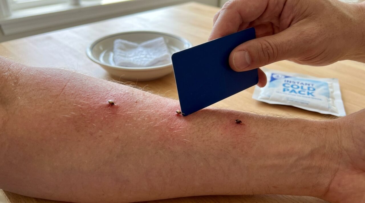 Depois de alcançar segurança, os ferrões visíveis podem ser removidos por raspagem antes da limpeza local e da avaliação de possíveis sinais de gravidade