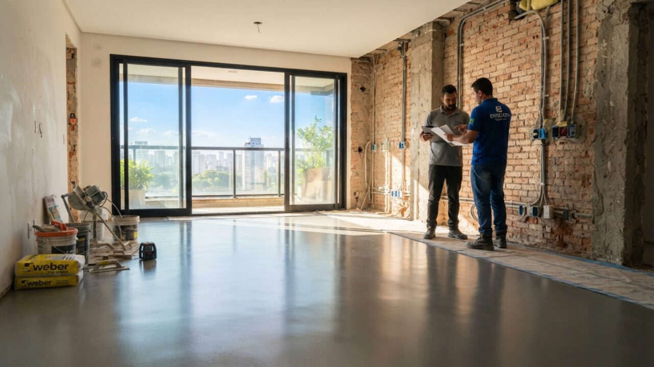 O fim do contrapiso desnivelado: a argamassa autonivelante inteligente que prepara o chão para o piso vinílico em apenas 2 horas sem fazer sujeira