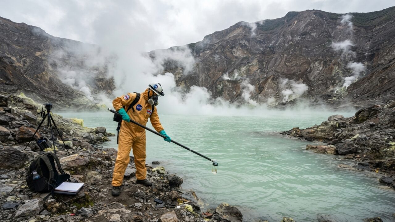 Um lago dentro de uma cratera vulcânica tem pH próximo de zero e ainda abriga micróbios adaptados a ácido, calor e metais tóxicos