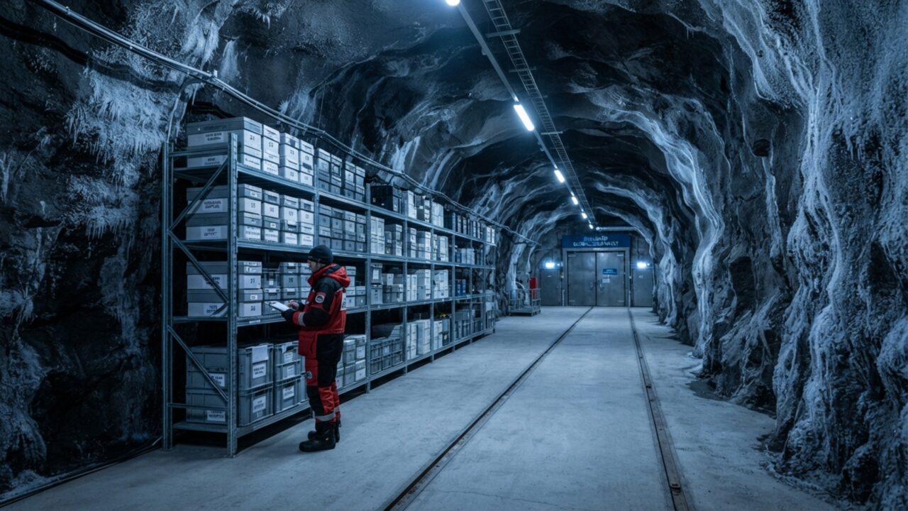 Um cofre enterrado dentro de uma montanha no Ártico guarda mais de 1,4 milhão de amostras de sementes para substituir coleções perdidas em qualquer parte do mundo