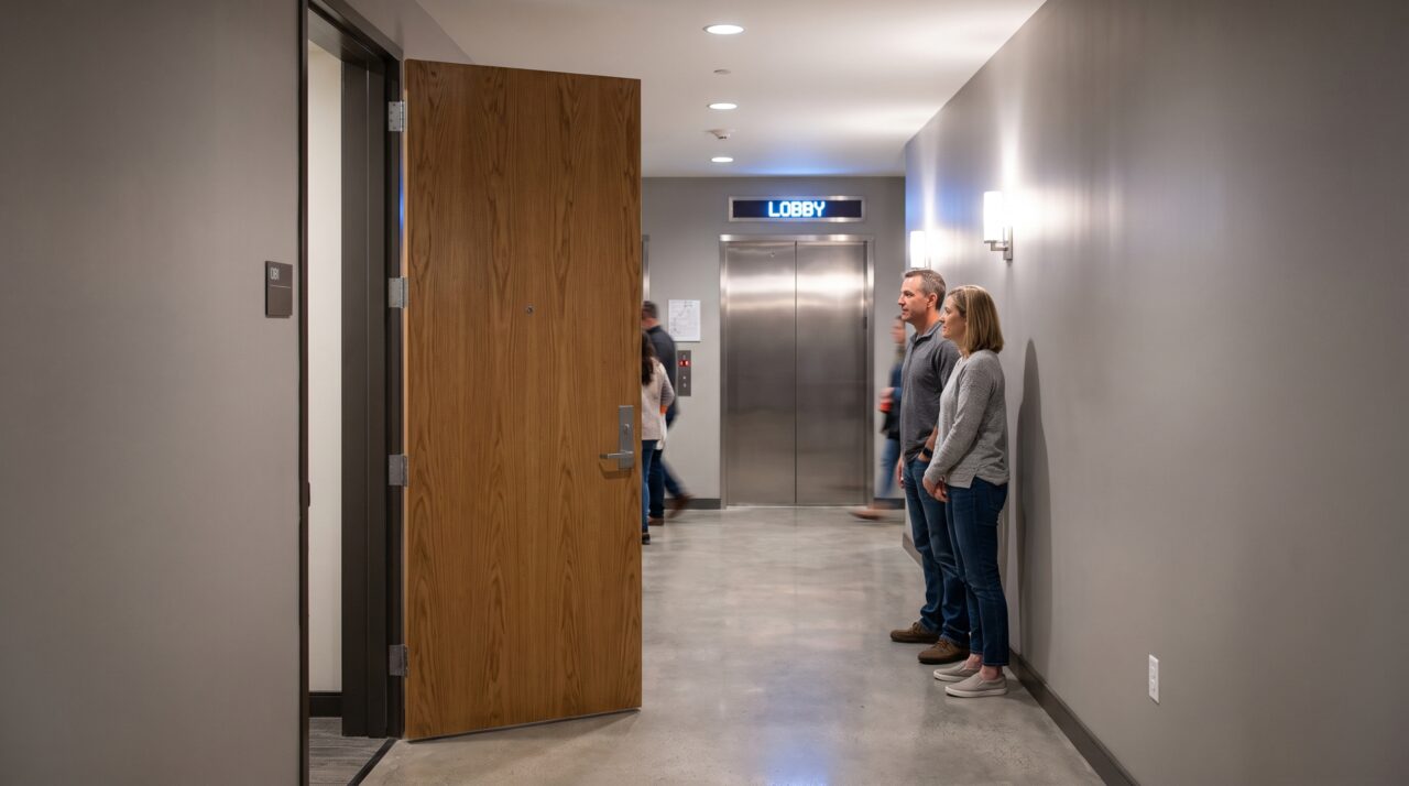 Moradora troca a porta do apartamento por um modelo que abre para fora e vizinho percebe que, quando ela está aberta, metade do corredor e o acesso ao elevador ficam bloqueados