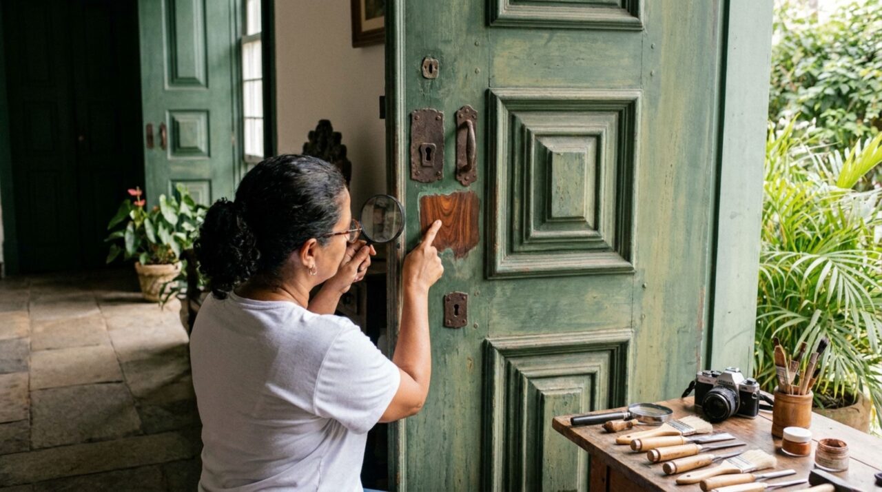 Família contrata reforma durante uma viagem e, ao voltar, descobre que a porta de madeira original dos anos 50 foi pintada, apesar de ter pedido apenas restauração