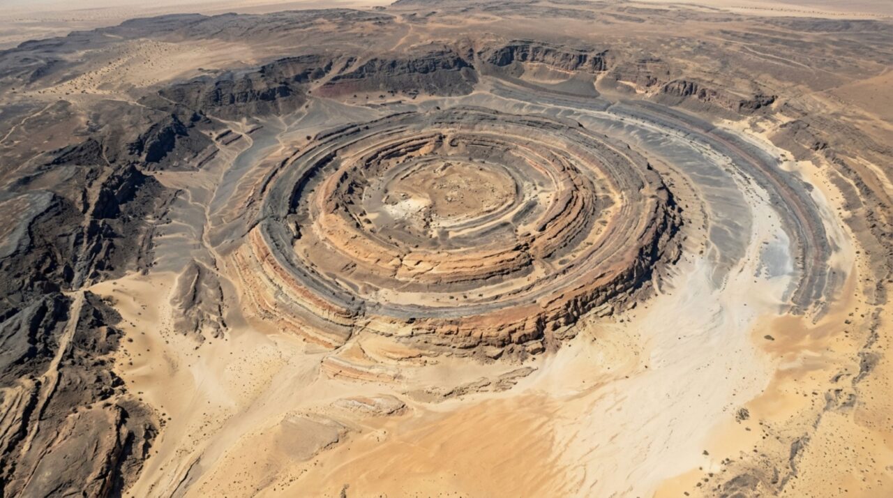 A imagem destaca como a Estrutura de Richat ganhou seus círculos visíveis, com camadas rochosas elevadas e depois desgastadas de forma desigual até formar os anéis do chamado Olho do Saara