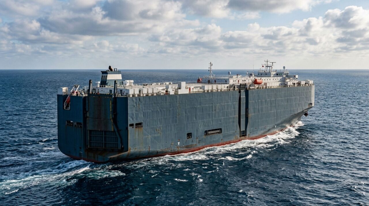 Maior que muitos edifícios quando colocado na vertical, este navio transporta milhares de veículos em vários conveses internos e precisa equilibrar continuamente a carga para não comprometer sua estabilidade durante a travessia