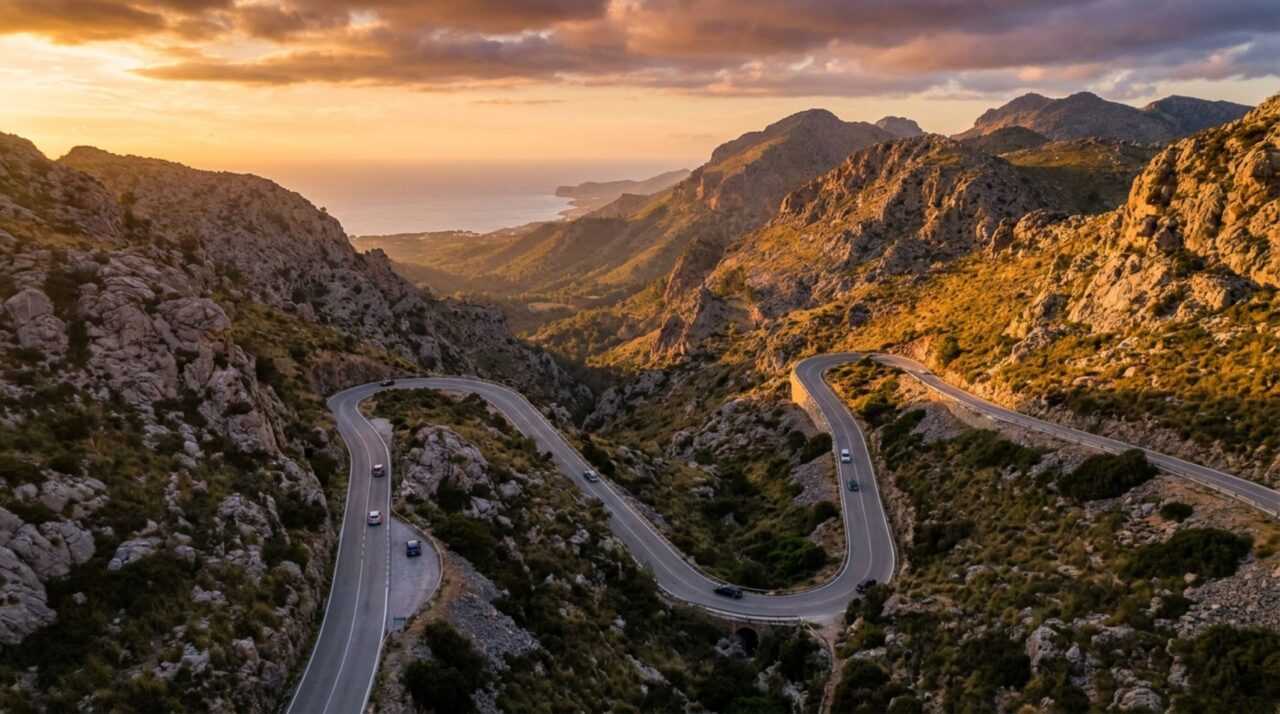 A estrada de 12 km esculpida na rocha de Maiorca que desce 800 metros e cruza por baixo da própria pista