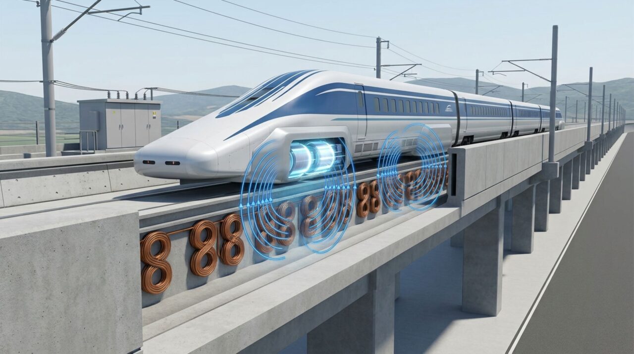 No trem maglev japonês SCMaglev, ímãs supercondutores e bobinas na guia mantêm o L0 Series suspenso durante o percurso de alta velocidade