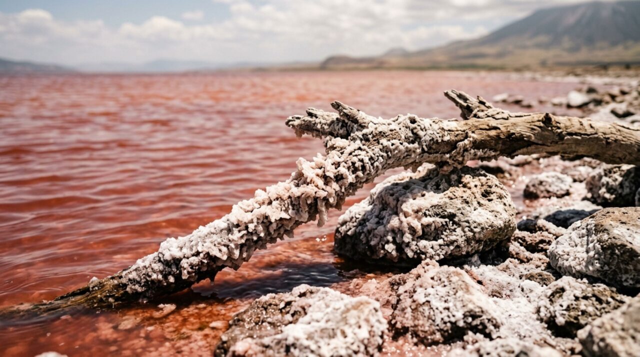 Incrustações minerais e cristais de sódio acumulados na margem do Lago Natron