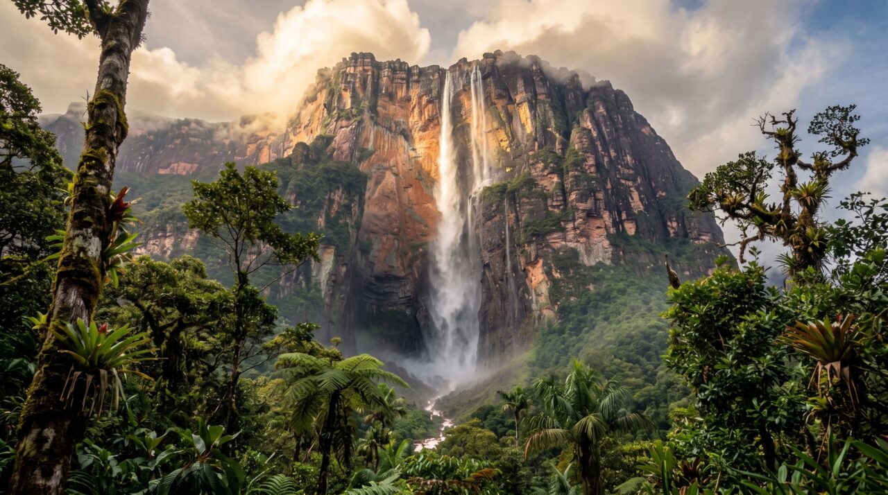 Uma cachoeira de 979 metros cai de um tepui e parte da água vira névoa antes mesmo de conseguir alcançar o chão da floresta