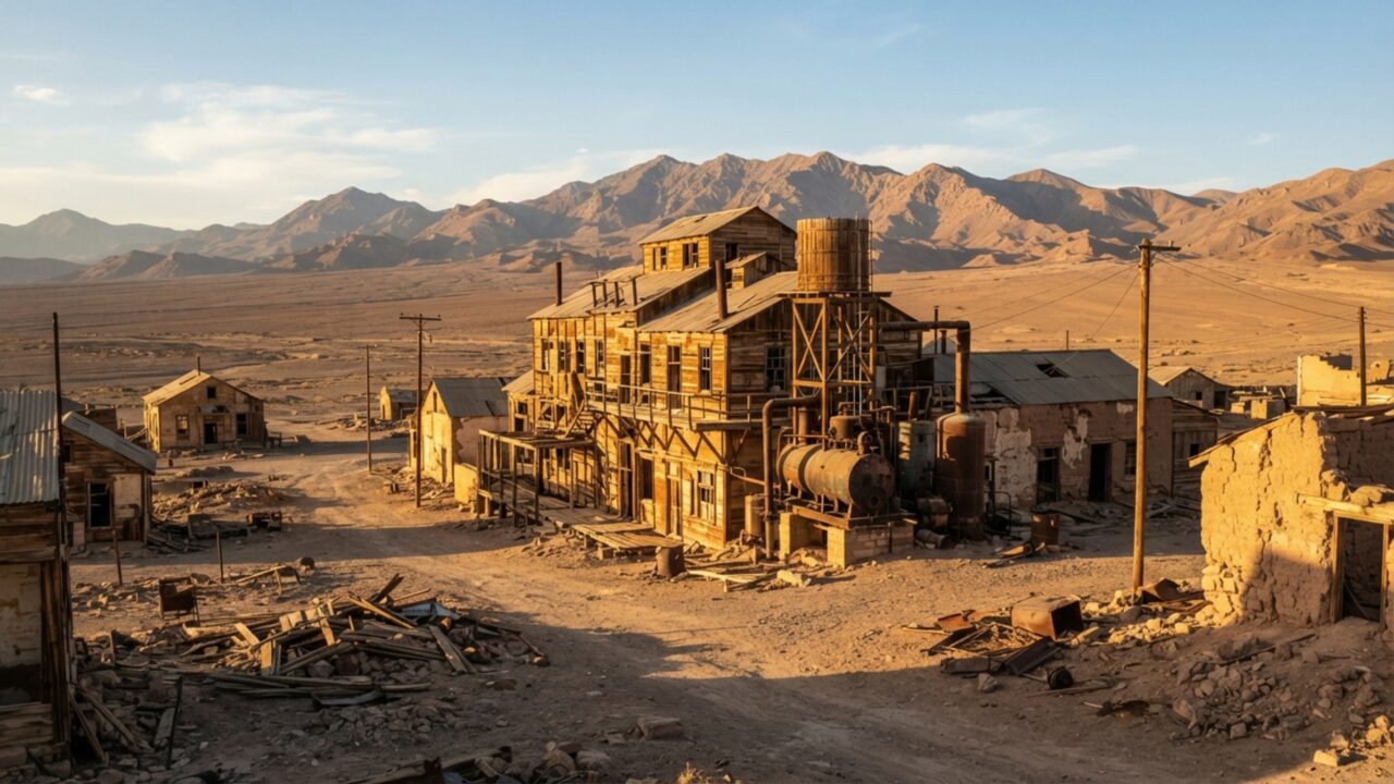 No meio de um dos desertos mais secos da Terra existe uma cidade operária abandonada com teatro, escola, casas e estruturas industriais que sobreviveram ao fim de uma indústria inteira
