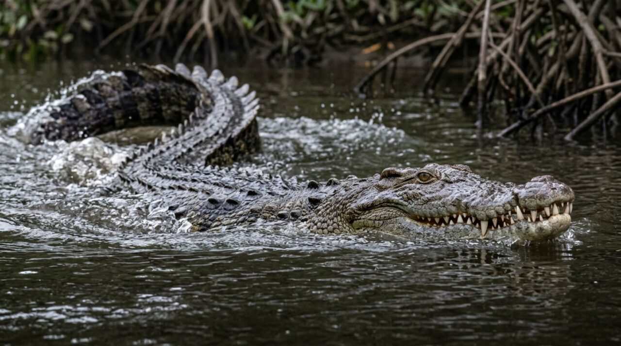 A cauda musculosa do crocodilo-de-água-salgada fornece a propulsão que transforma uma aproximação discreta em uma investida rápida perto da presa