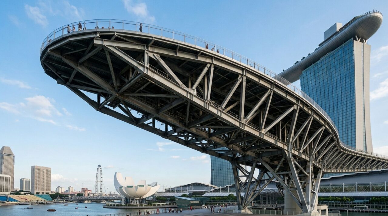 O impressionante balanço de 66,5 metros exige soluções avançadas de engenharia para suportar cargas e ventos no topo das torres