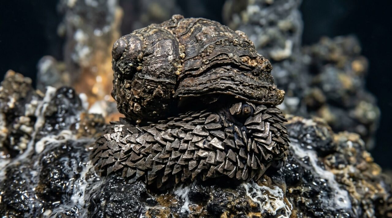 O close do caracol-de-pé-escamoso mostra os escleritos e a superfície rica em sulfetos de ferro que tornaram essa espécie única entre os animais vivos