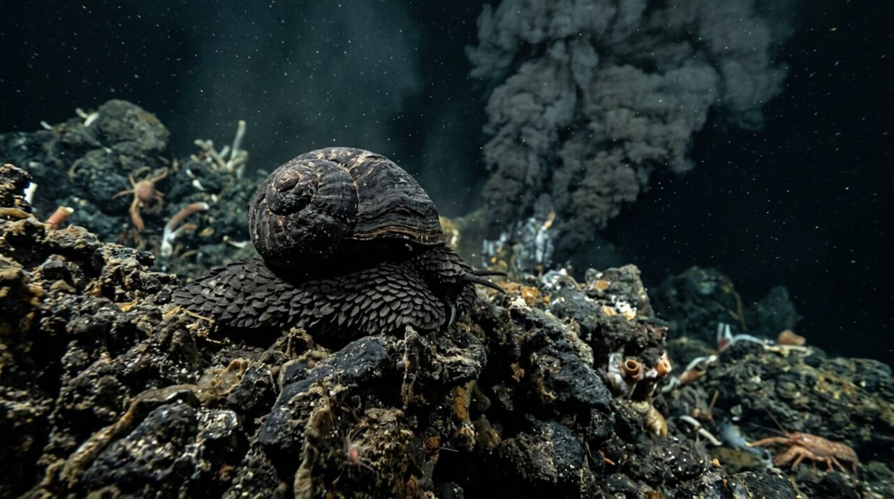 O caracol-de-pé-escamoso vive entre 7.800 e 9.500 pés de profundidade junto a fontes hidrotermais e é o único animal conhecido que produz uma armadura incorporando metal