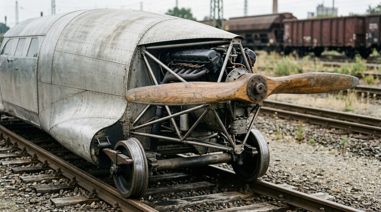 A hélice traseira acionada por um motor aeronáutico fornecia o empuxo que diferenciava o Schienenzeppelin dos trens convencionais da época