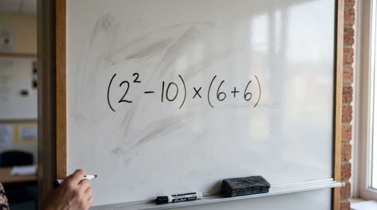 A conta (2² – 10) × (6 + 6) parece simples, mas um detalhe faz muita gente chegar ao resultado errado
