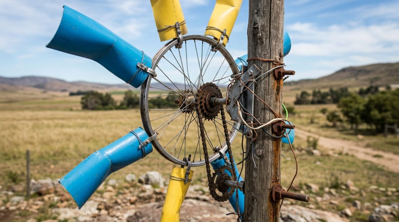Os detalhes e materiais reaproveitados da primeira turbina eólica