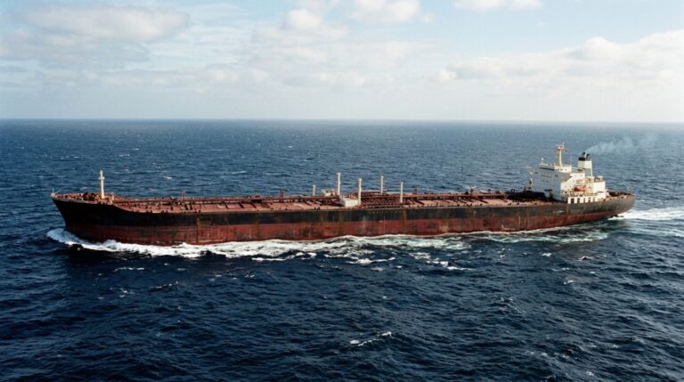 Seawise Giant, superpetroleiro de 458,45 metros de comprimento, navegando em mar aberto visto em perspectiva lateral ampla, casco extremamente longo e baixo destacando a escala monumental da embarcação em relação ao oceano, fotografia realista editorial de alto nível com proporções navais plausíveis e sem marcas visíveis, sem texto, sem logotipos, sem marcas d’água.