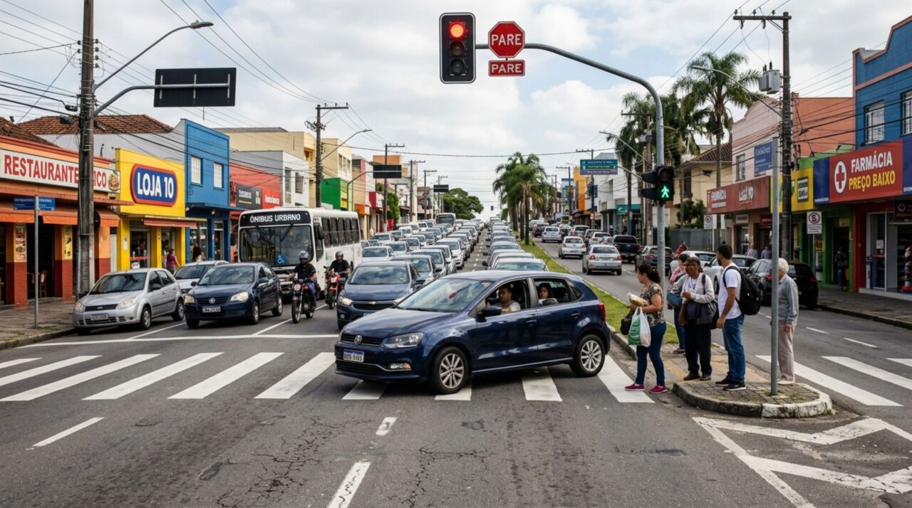 Motorista avança com trânsito lento, semáforo fecha e ele descobre que ficar parado sobre faixa de pedestres pode render multa