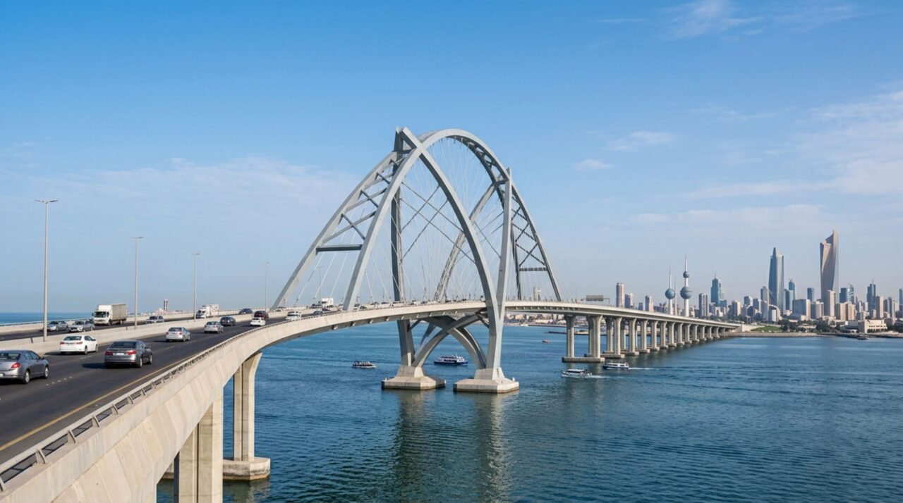 A ponte de 36 km que atravessa a Baía do Kuwait apoiada em estacas fincadas até 85 metros abaixo do fundo do mar