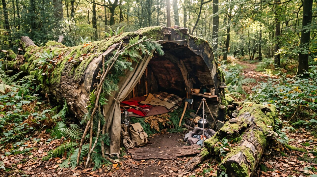 Ele construiu um abrigo secreto na floresta dentro de um tronco de árvore oca usando técnicas especiais de bushcraft