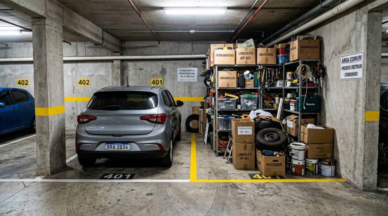 Casal instala prateleiras e transforma espaço atrás da vaga de garagem em depósito por nove anos, achando que aquela faixa fazia parte do apartamento, mas nova administração consulta a planta e exige a retirada das prateleiras e caixas