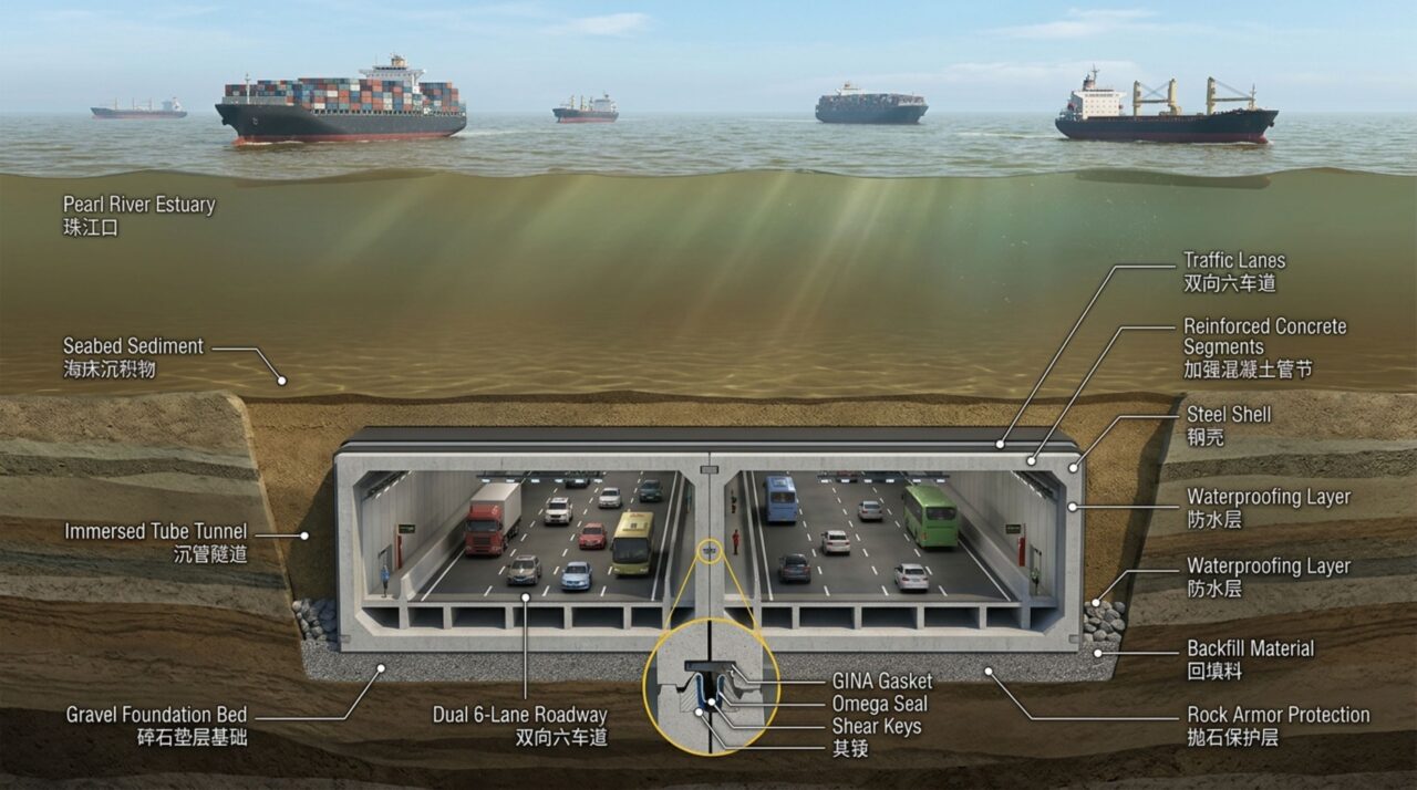 Ilustração do túnel submarino imerso da Shenzhen-Zhongshan Link sob a rota de navegação marítima