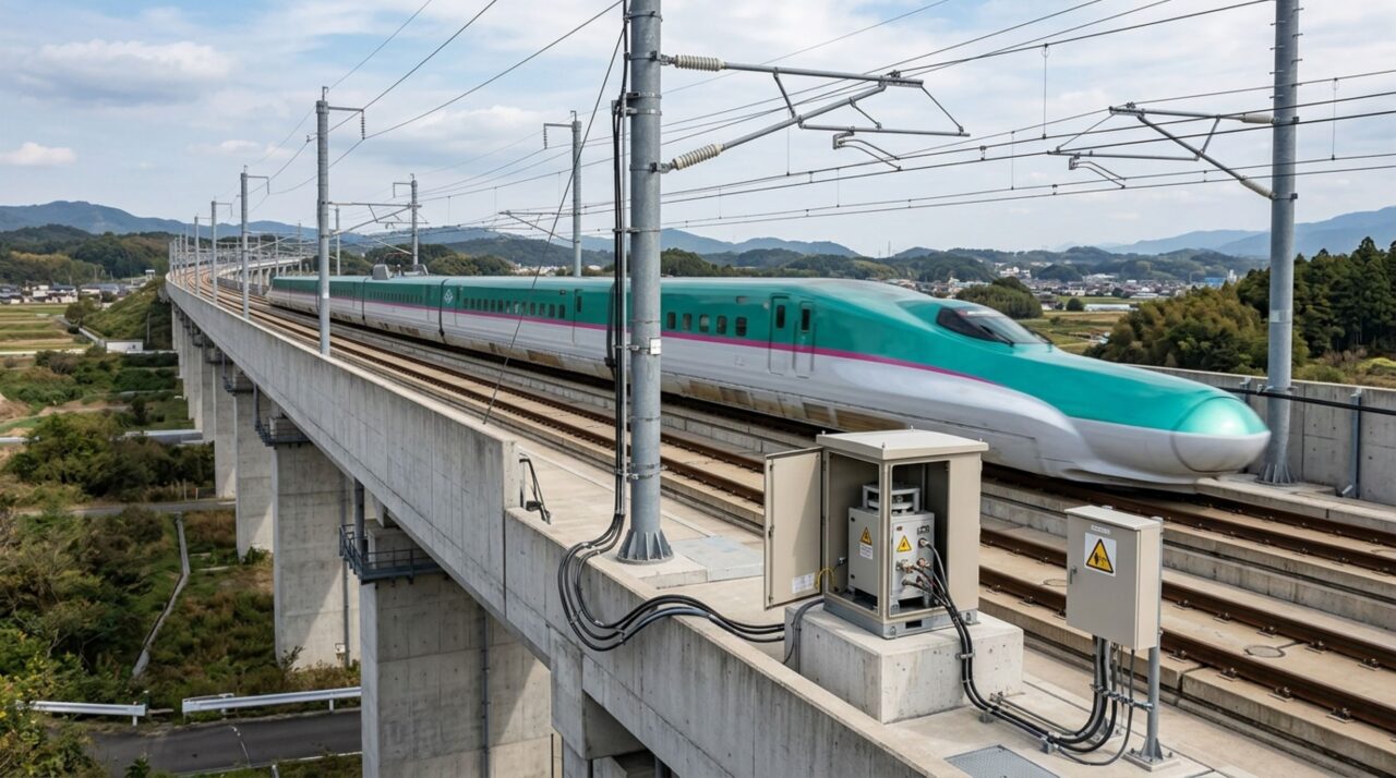 A imagem destaca como o sistema sísmico do Shinkansen depende de sismômetros próximos à ferrovia para identificar rapidamente os primeiros sinais de um terremoto e iniciar a sequência de emergência