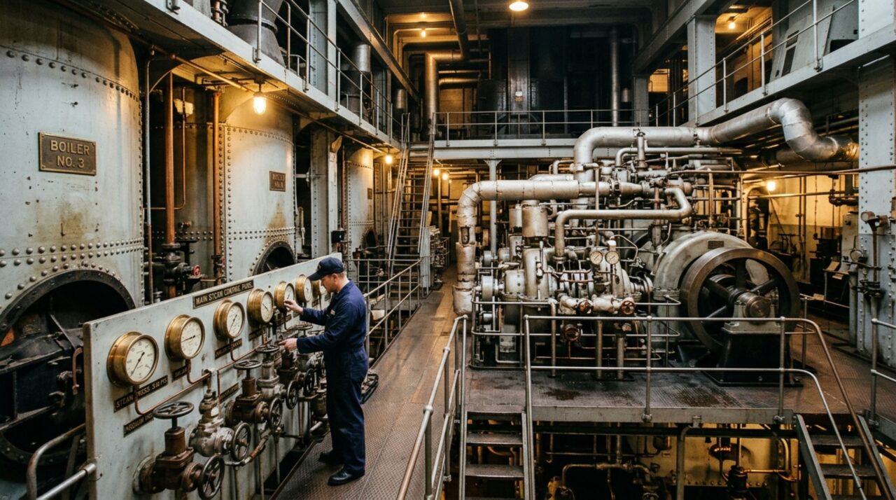 Potente sala de máquinas com turbinas a vapor projetadas com padrões da engenharia naval militar