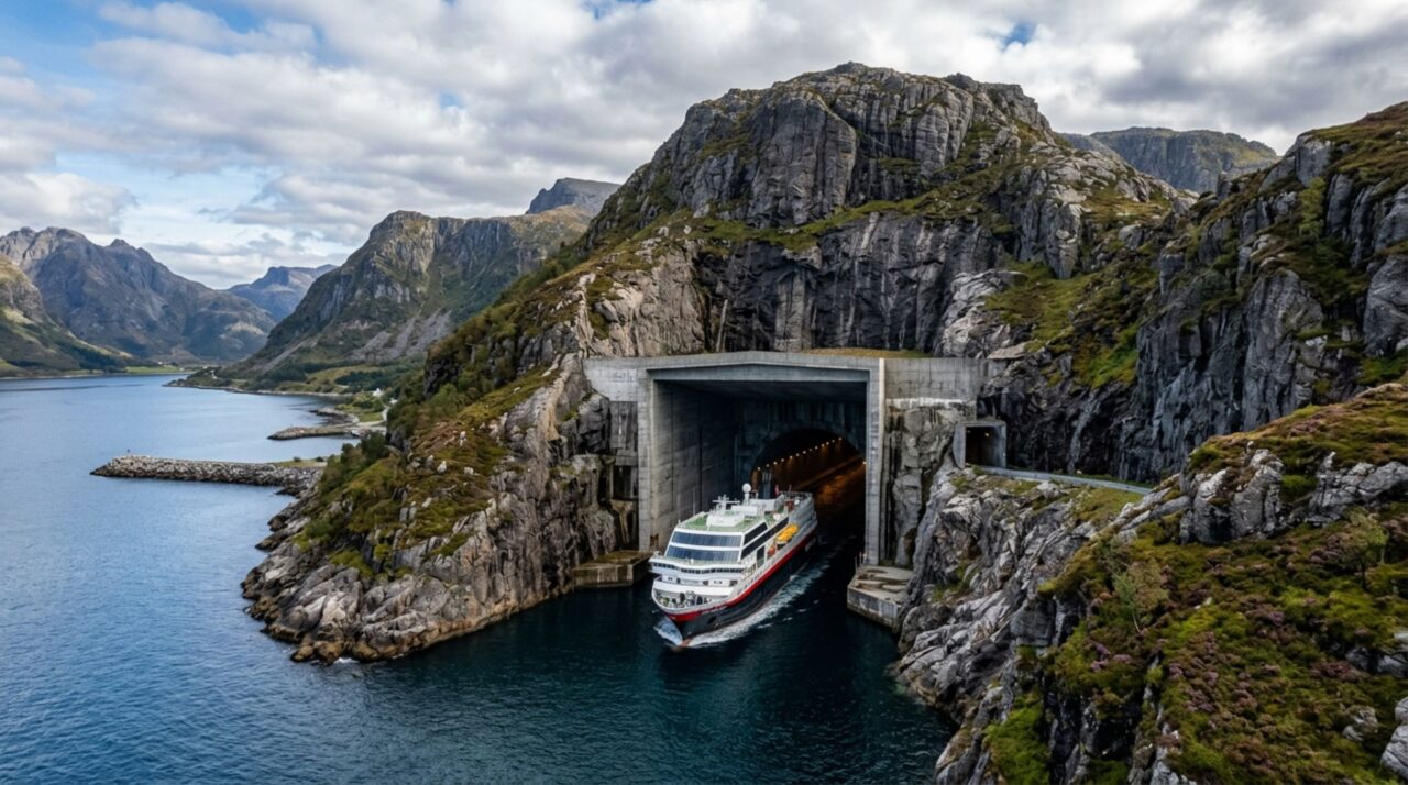 Dentro de uma montanha na Noruega, um túnel de 1,7 quilômetro será largo o suficiente para receber grandes embarcações e evitar um trecho de mar conhecido por ondas, ventos e navegação especialmente difícil