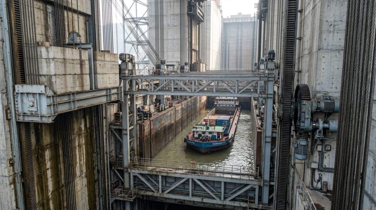 Contrapesos, cabos e sistemas de cremalheira permitem que o elevador de navios mova uma câmara de milhares de toneladas com precisão e segurança