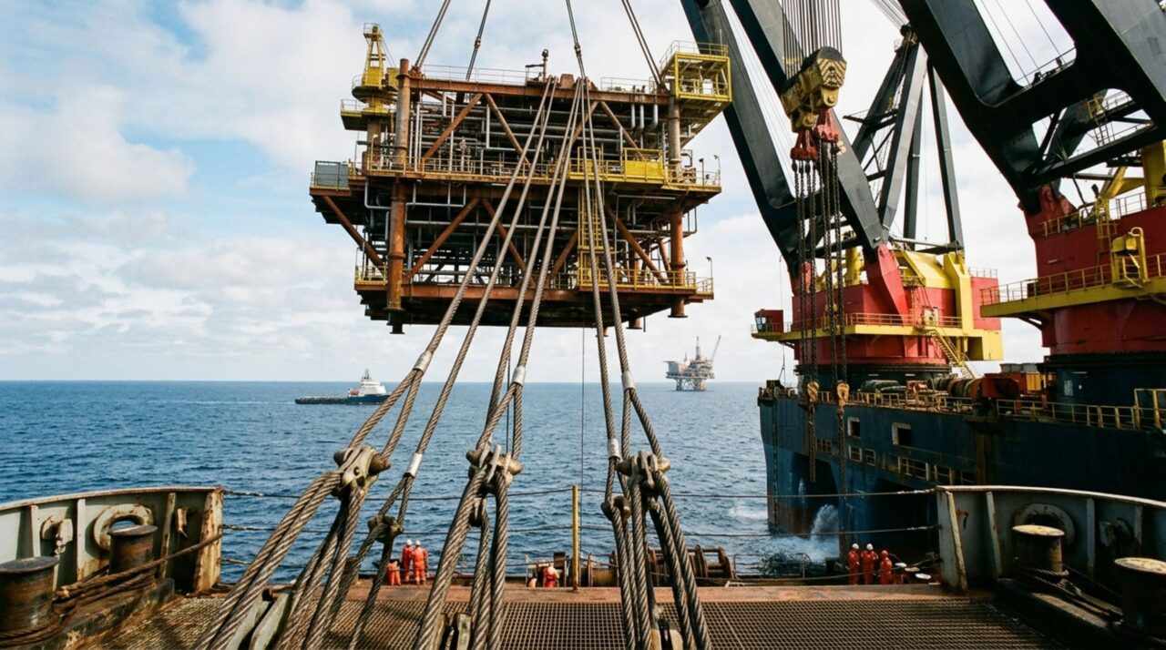 O navio opera como um canteiro de obras flutuante para instalação e remoção de módulos offshore