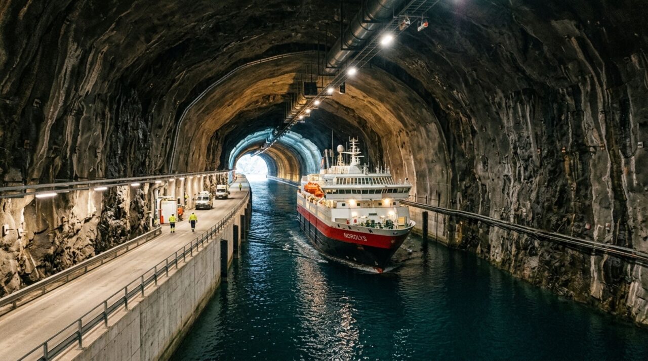 A seção interna do Stad Ship Tunnel foi dimensionada para receber embarcações costeiras em um canal escavado na montanha com grande altura e largura navegável