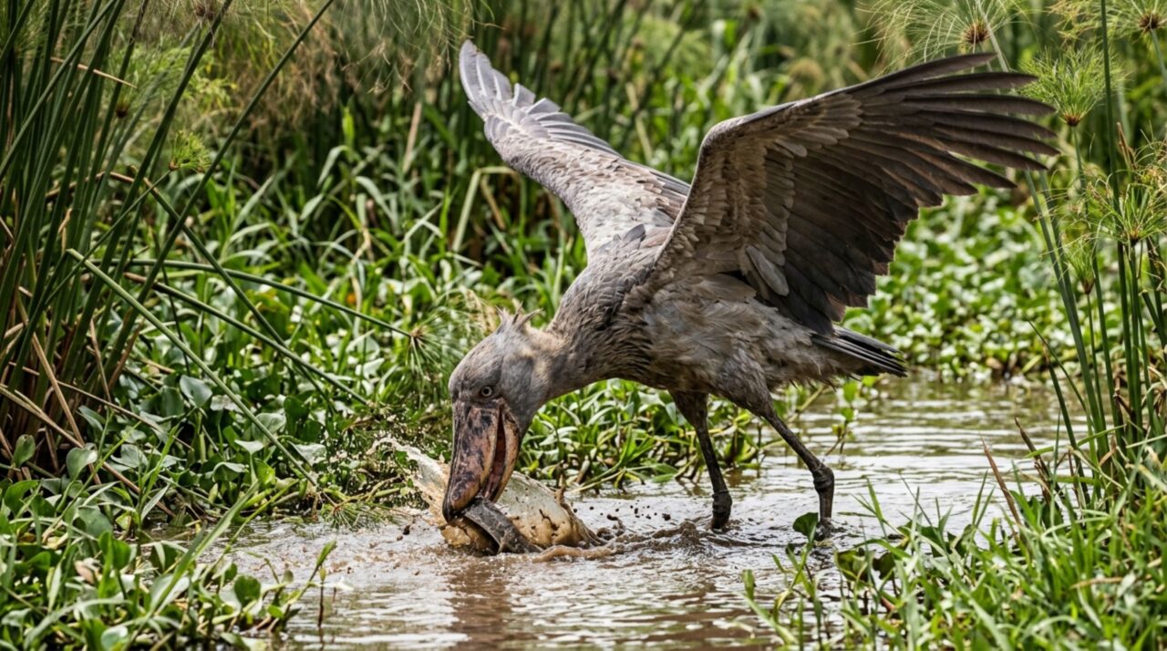 A técnica de caça do bico-de-sapato (Balaeniceps rex) combina longos períodos de espera com um ataque extremamente rápido realizado com seu grande bico