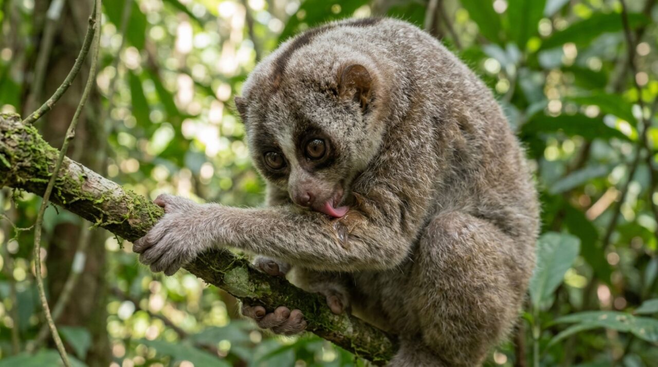 No lóris-lento Nycticebus, a secreção das glândulas braquiais se combina com a saliva e participa de uma mordida venenosa capaz de causar reações graves