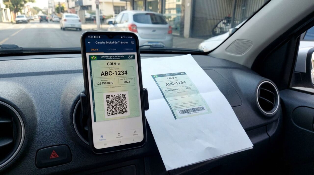 Motorista é parado em blitz de trânsito, agente pede o documento do carro e ele apresenta o CRLV Digital no celular, condutor diz que deixou a versão impressa em casa e é questionado durante a fiscalização