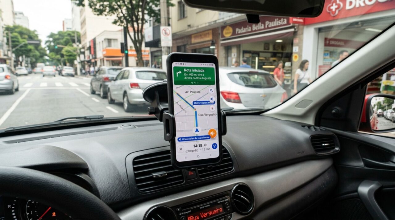 Motorista coloca o celular no suporte para seguir o GPS, mas ao mexer no celular durante parada no sinal vermelho, recebe multa e descobre que manusear o aparelho, mesmo no suporte, continua sendo infração