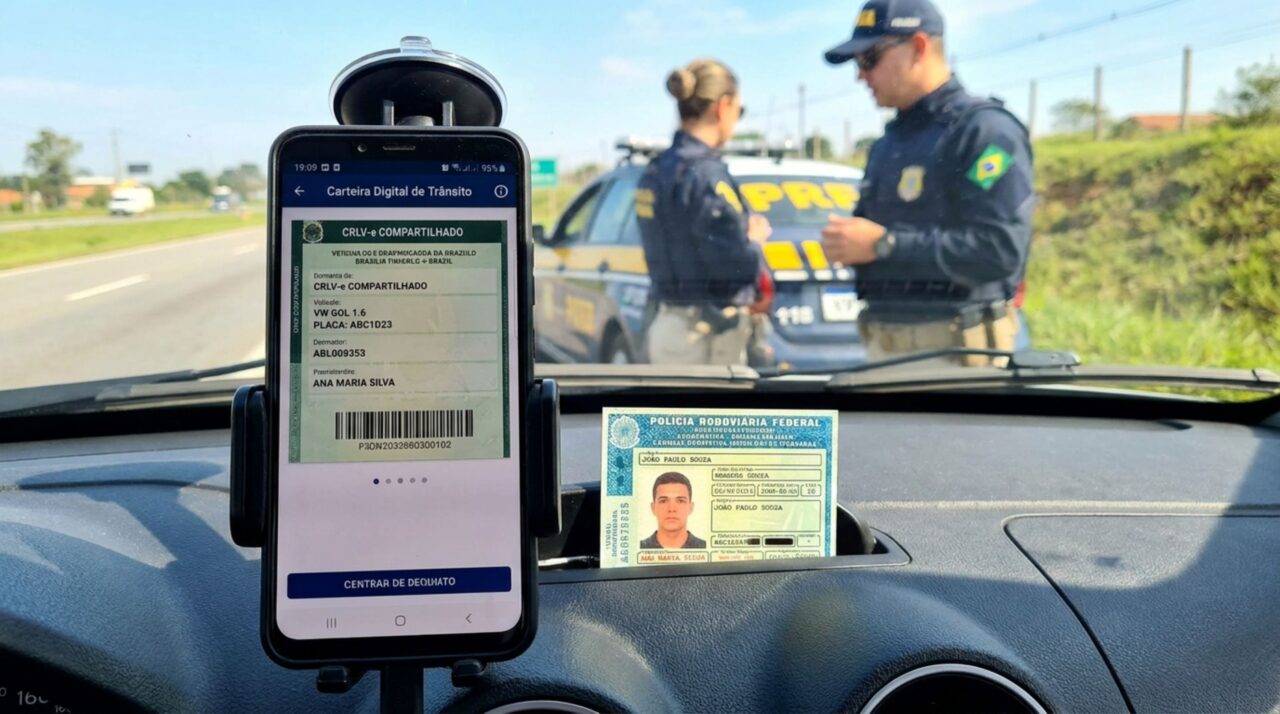 Condutor pega carro emprestado e é parado em blitz, agente solicita o CRLV e ele apresenta o documento digital compartilhado pelo proprietário, motorista é questionado porque veículo não está em seu nome
