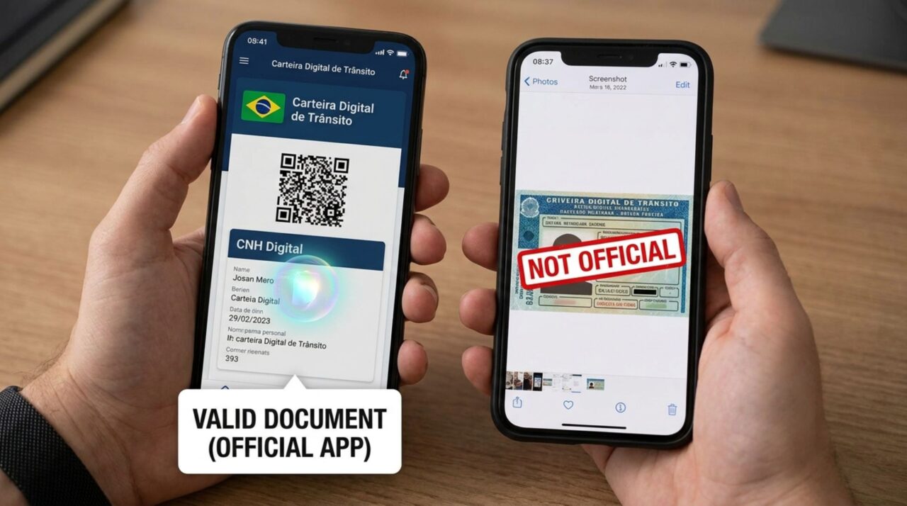 Motorista é parado em fiscalização, agente pede a CNH e ele apresenta um print salvo na galeria do celular, homem diz que o aplicativo oficial não abriu e é questionado sobre a validade da imagem