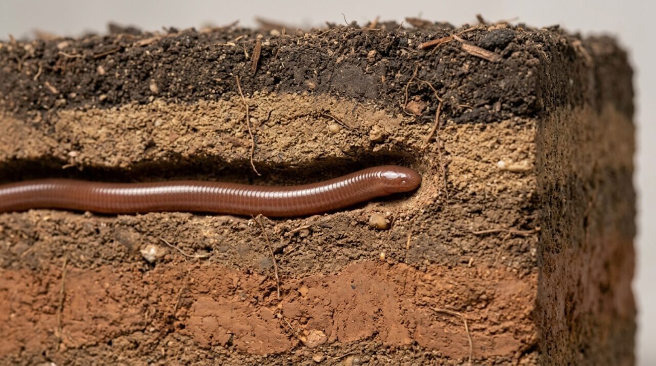 O réptil escavador deslocando o solo em seus galerias e túneis debaixo da terra