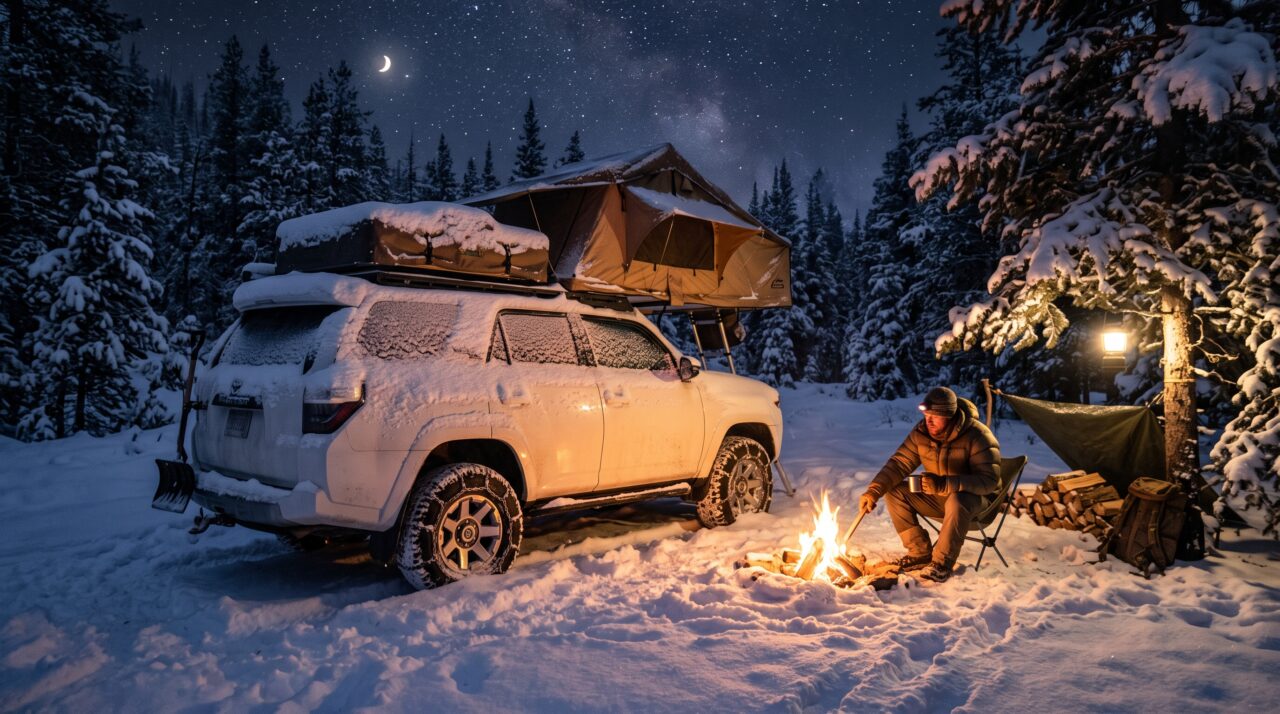 Ele fez um acampamento de inverno em seu carro enfrentando neve intensa, chuvas e trovões
