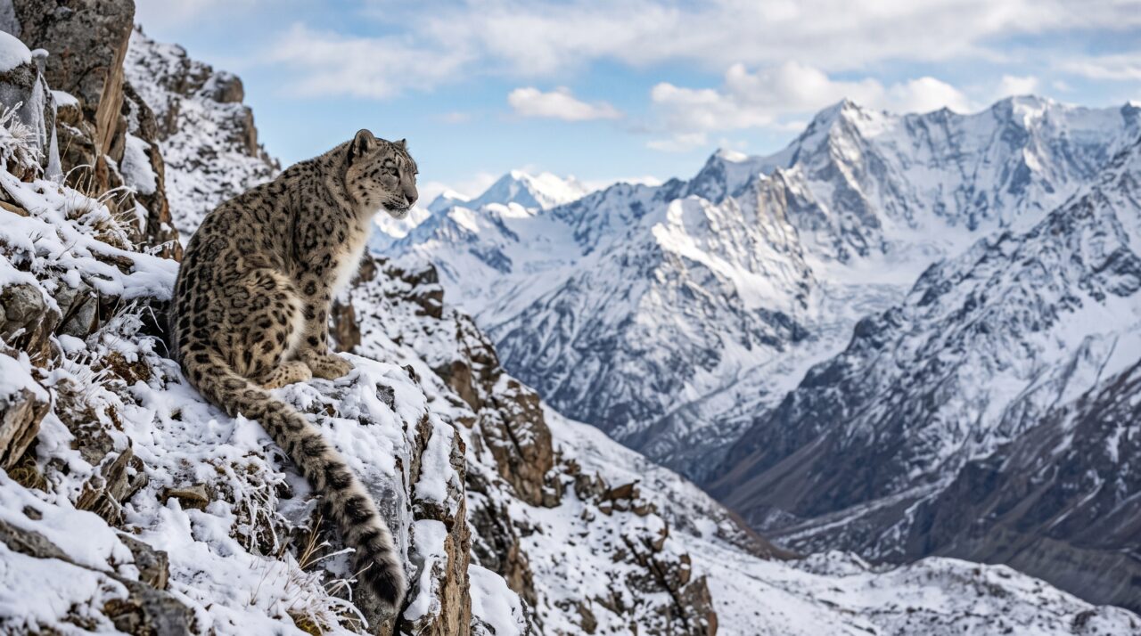 Conhecido como o fantasma do Himalaia por sua raridade, o felino de cauda gigantesca salta distâncias impressionantes sobre o terreno rochoso
