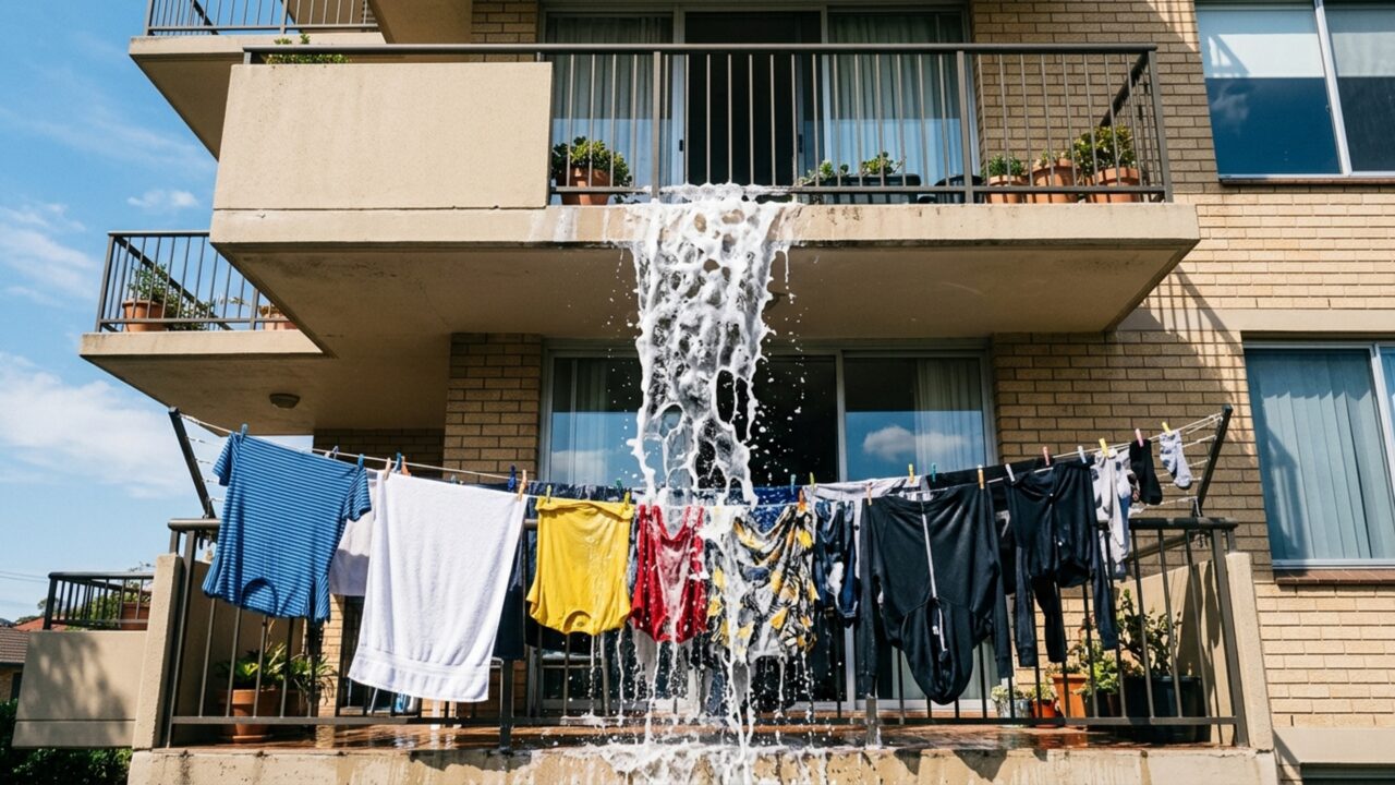 Apartamento superior instala máquina de lavar na varanda e água com sabão começa a cair diariamente sobre roupas estendidas no andar abaixo