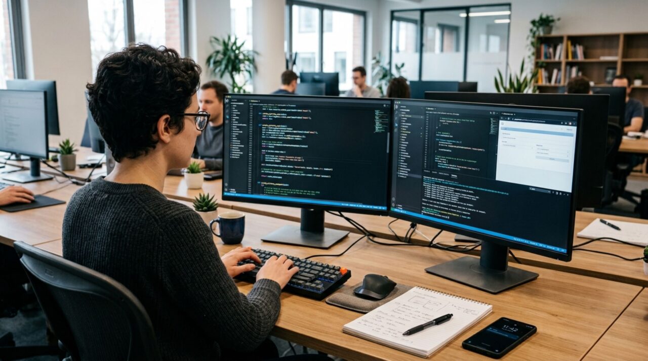 Estação de trabalho com linhas de código ilustra o processo de desenvolvimento e engenharia do aplicativo
