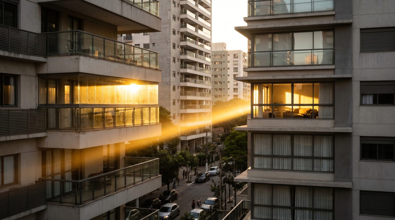 Morador fecha a varanda com vidro e vizinha percebe que a nova estrutura reflete o sol diretamente para a sala dela durante quase duas horas todas as tardes