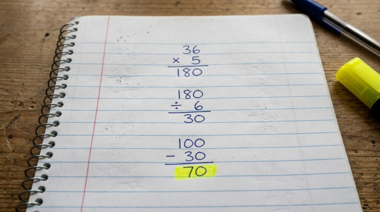 Você ainda sabe como resolver 100 − 36 × 5 ÷ 6 corretamente?
