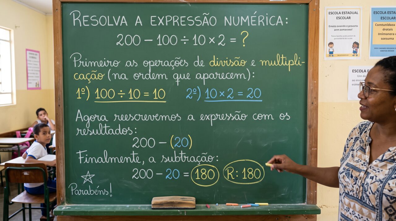 Resolução da expressão matemática 200 – 100 ÷ 10 × 2