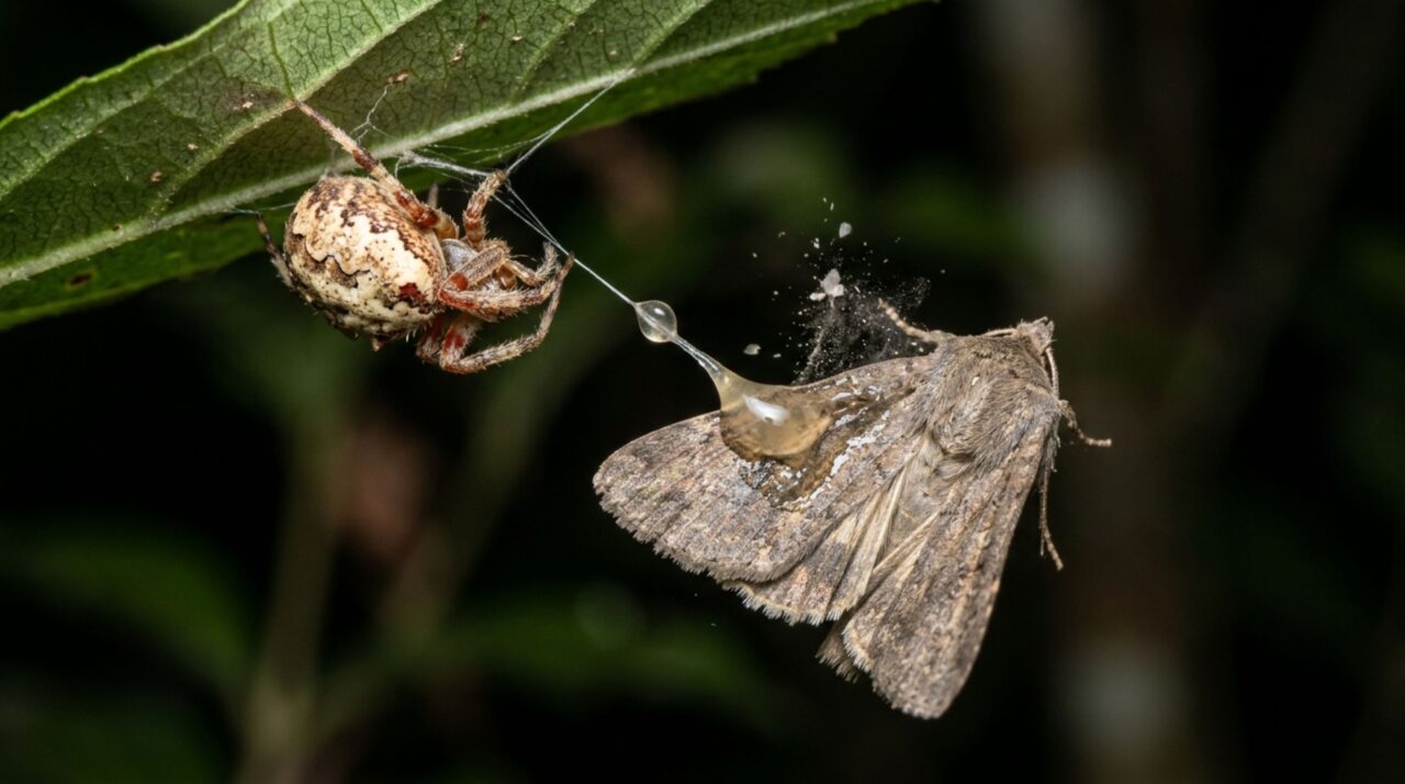 Em vez de construir uma teia convencional, uma pequena aranha gira uma única linha de seda com uma gota pegajosa na extremidade e a lança como um laço contra mariposas atraídas por sinais químicos