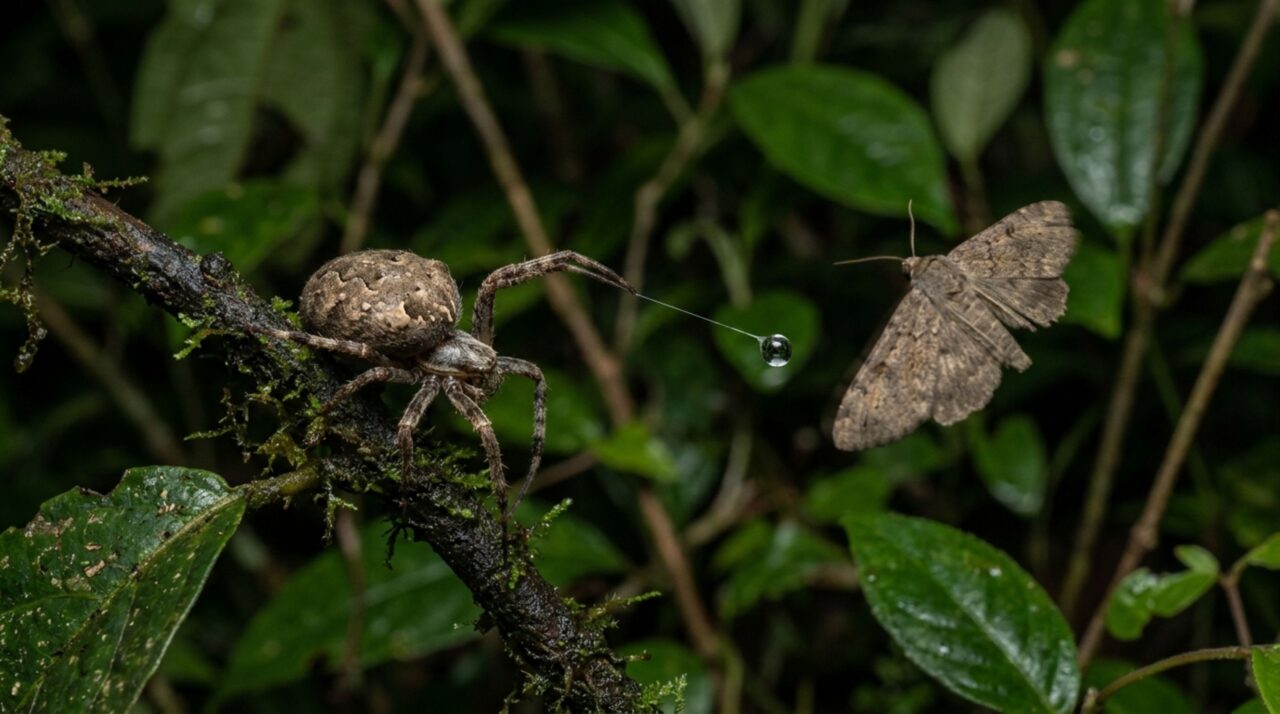 Na aranha-bolas Mastophora, o fio com massa adesiva transforma a aproximação da mariposa enganada em uma emboscada de alta precisão