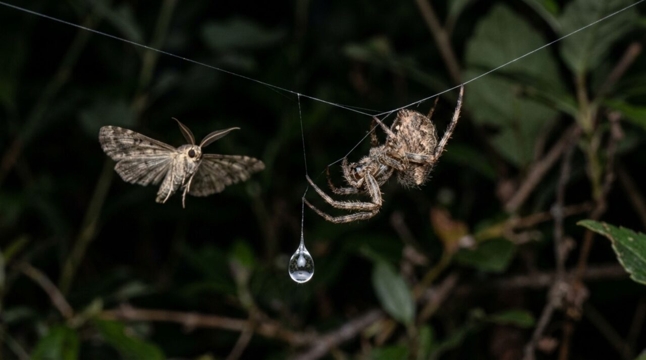 A boleadeira de Mastophora hutchinsoni usa uma gota elástica e aderente capaz de se espalhar entre as escamas da mariposa e mantê-la presa ao fio