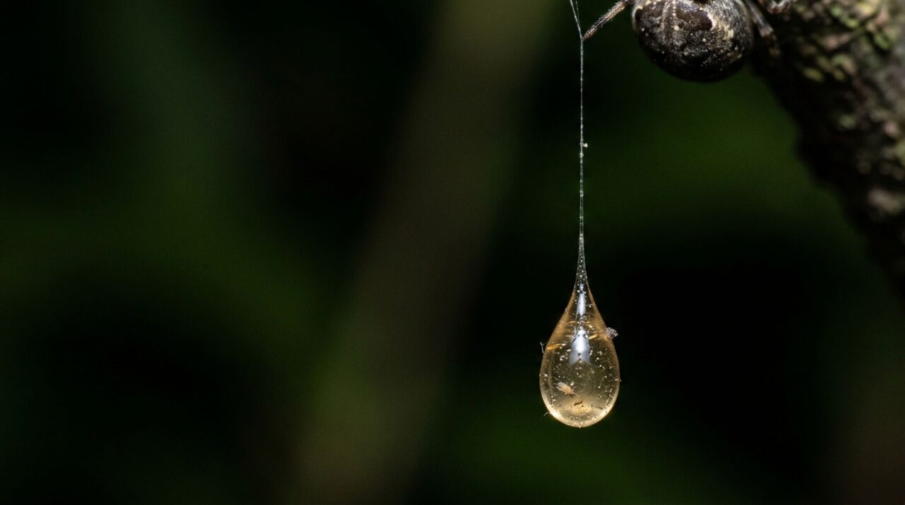 Detalhe da gota adesiva de seda usada na captura